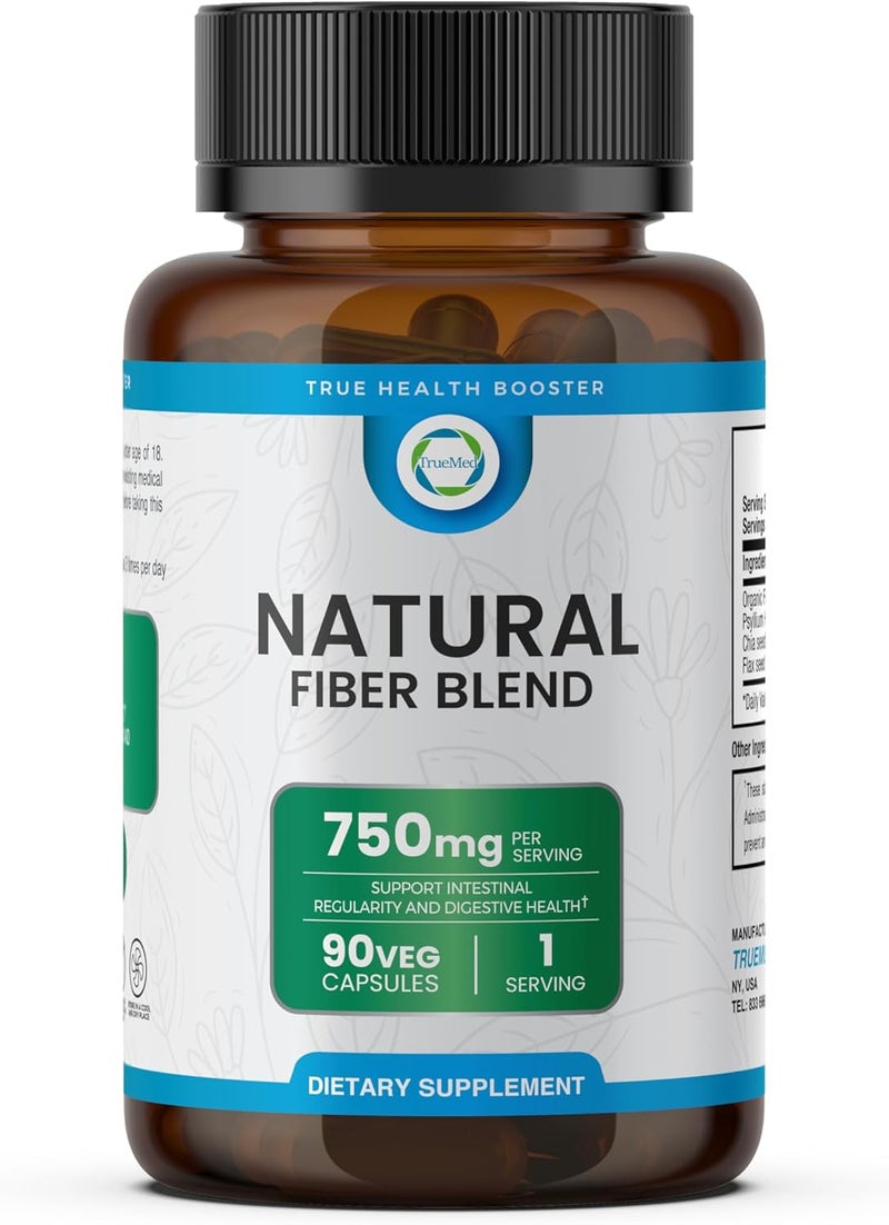 TRUEMED Natural Fiber Blend Supplement  Promotes Digestive Health Cholesterol Balance Cardiovascular Wellness  Psyllium Husk Chia Seed Flax Seed  750mg Organic Fiber Blend - Image 1