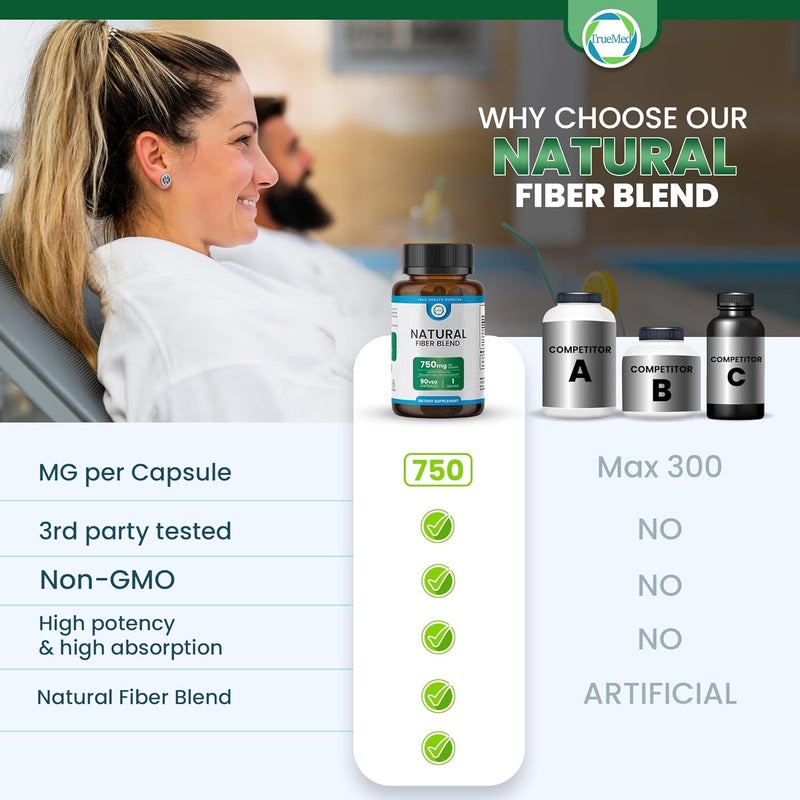 TRUEMED Natural Fiber Blend Supplement  Promotes Digestive Health Cholesterol Balance Cardiovascular Wellness  Psyllium Husk Chia Seed Flax Seed  750mg Organic Fiber Blend - Image 4