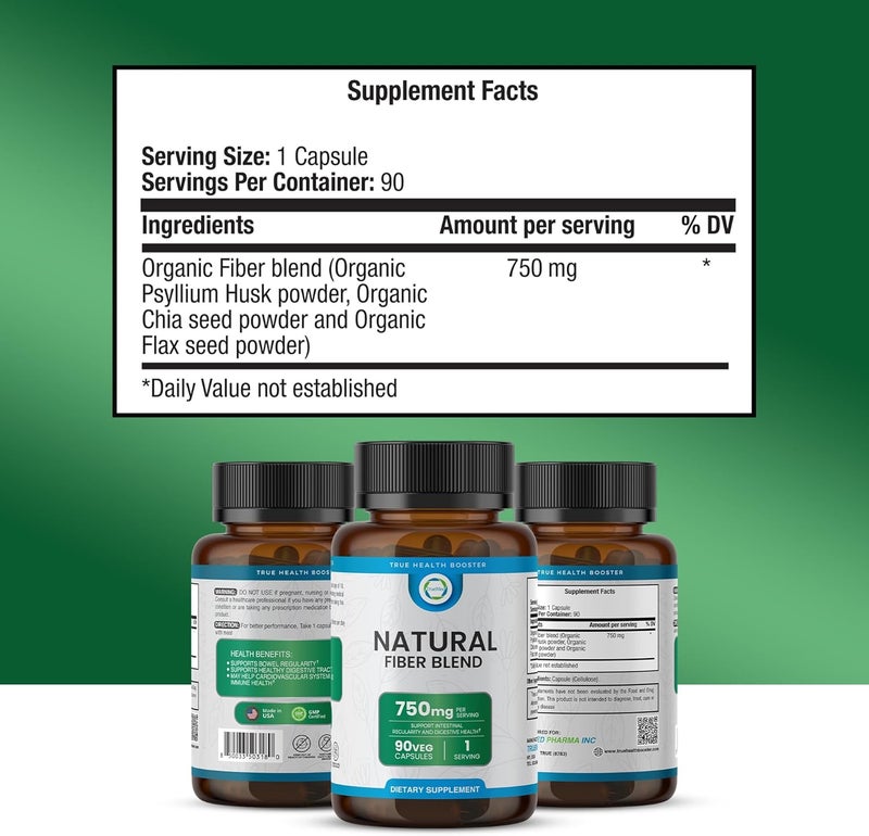 TRUEMED Natural Fiber Blend Supplement  Promotes Digestive Health Cholesterol Balance Cardiovascular Wellness  Psyllium Husk Chia Seed Flax Seed  750mg Organic Fiber Blend - Image 3