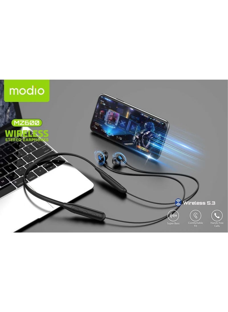 Modio MZ600 Wireless Stereo Neckband Earphones – Bluetooth 5.3, Super Bass, 15-Hour Battery Life, Comfortable Fit (Black) - Image 3