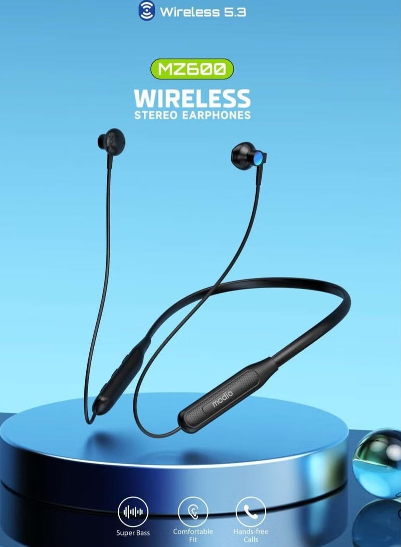 Modio MZ600 Wireless Stereo Neckband Earphones – Bluetooth 5.3, Super Bass, 15-Hour Battery Life, Comfortable Fit (Black) - Image 2
