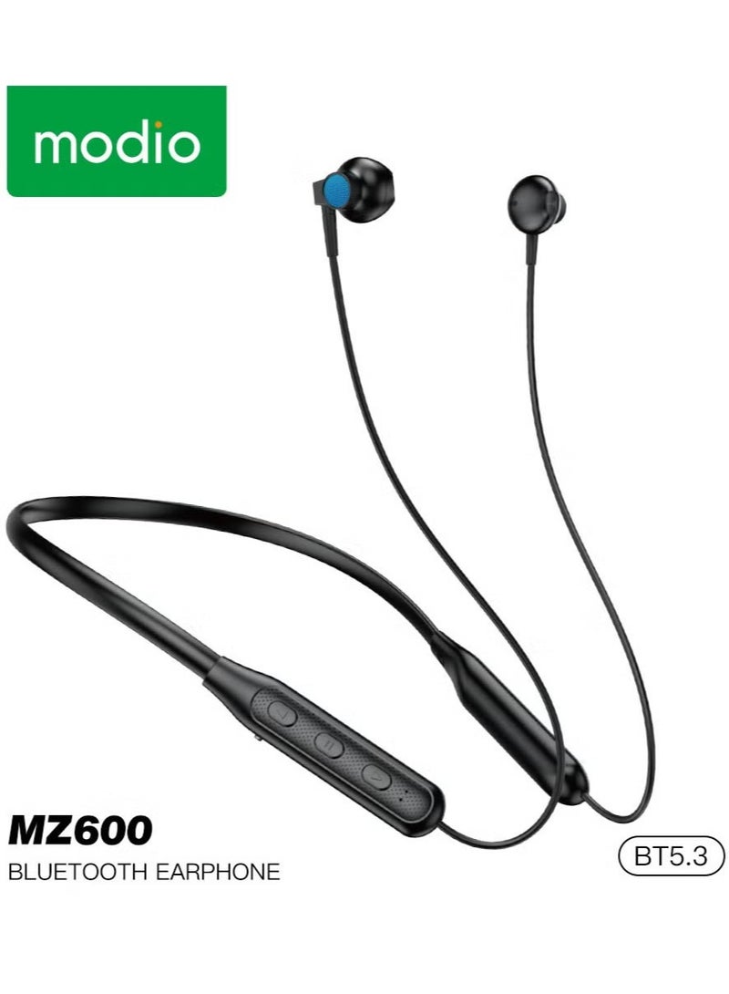 Modio MZ600 Wireless Stereo Neckband Earphones – Bluetooth 5.3, Super Bass, 15-Hour Battery Life, Comfortable Fit (Black) - Image 1