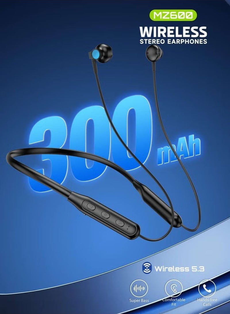 Modio MZ600 Wireless Stereo Neckband Earphones – Bluetooth 5.3, Super Bass, 15-Hour Battery Life, Comfortable Fit (Black) - Image 5