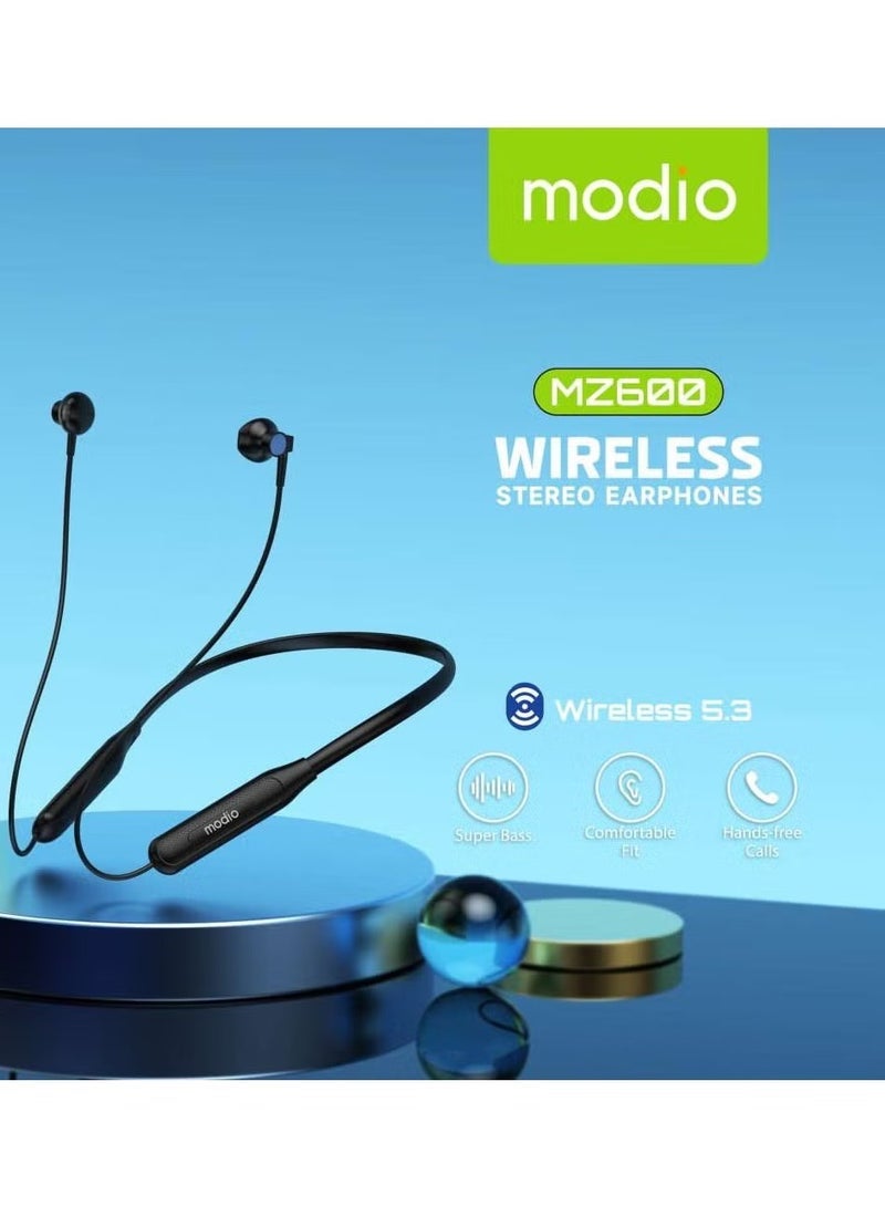 Modio MZ600 Wireless Stereo Neckband Earphones – Bluetooth 5.3, Super Bass, 15-Hour Battery Life, Comfortable Fit (Black) - Image 4
