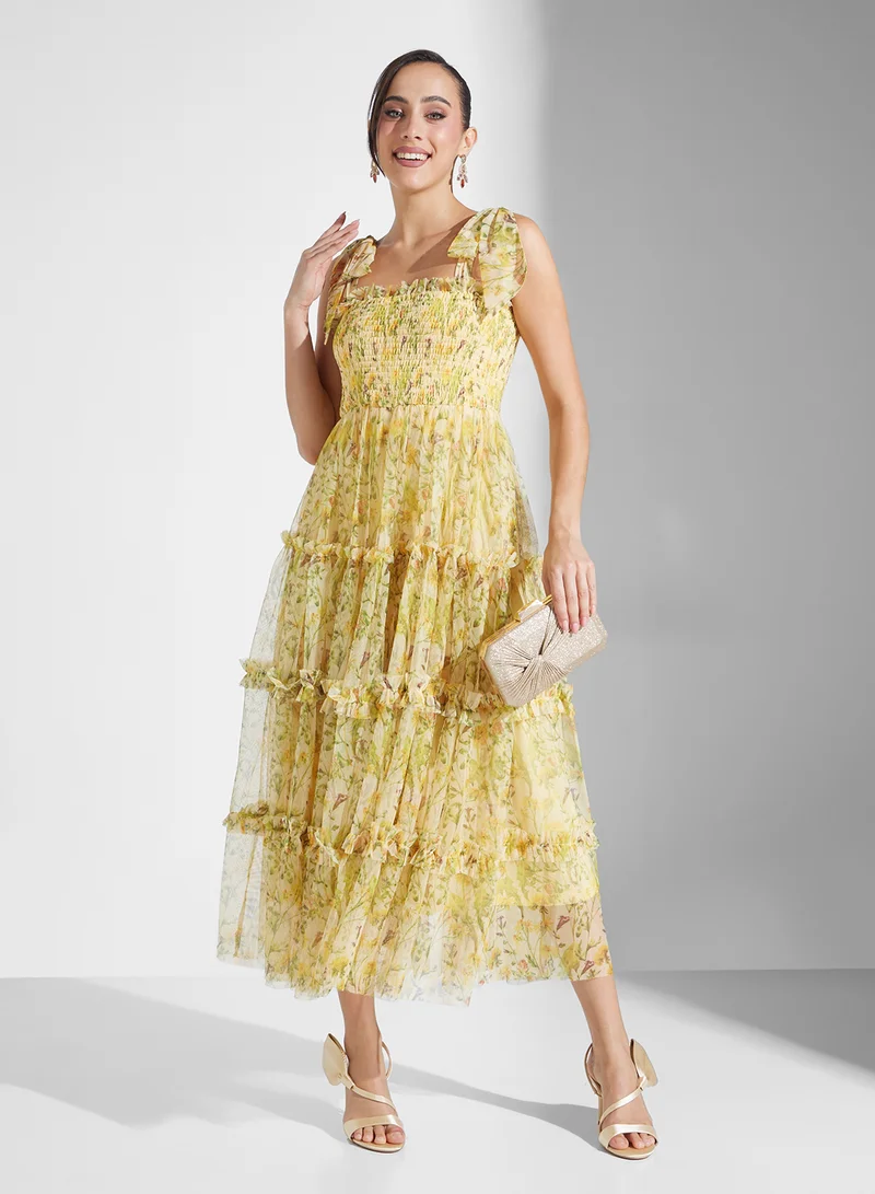 Lace and Beads Floral Chiffon Dress