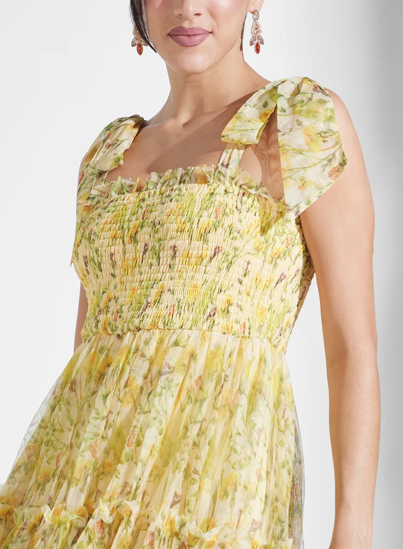 Lace and Beads Floral Chiffon Dress
