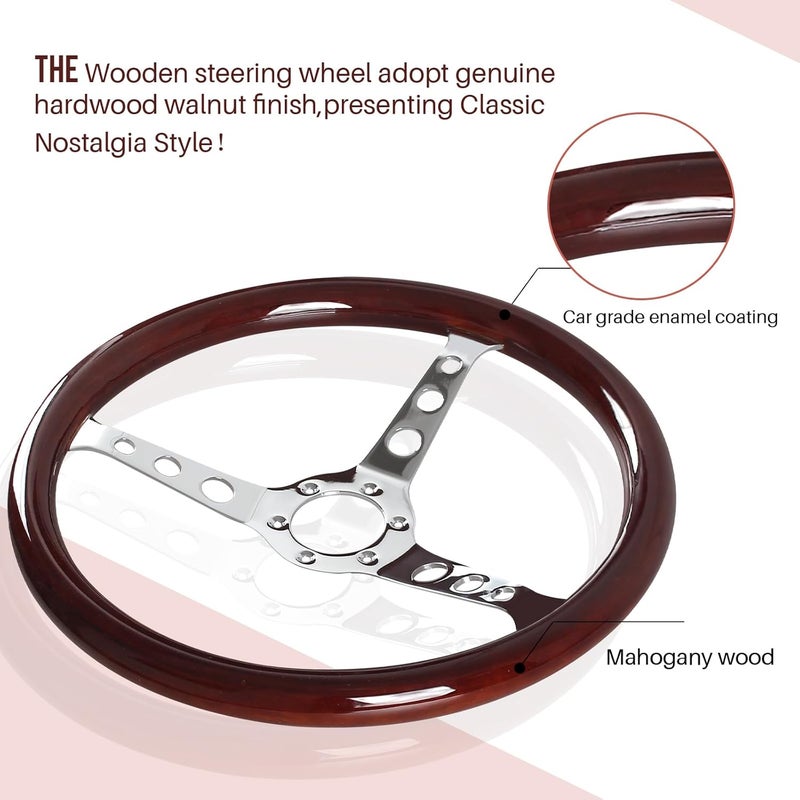 Donpida 380MM 15" Wooden Steering Wheel with Horn Button Kit - Classic Wood Grain Design - Image 2