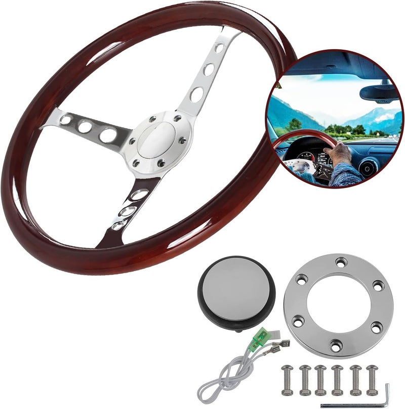 Donpida 380MM 15" Wooden Steering Wheel with Horn Button Kit - Classic Wood Grain Design - Image 1