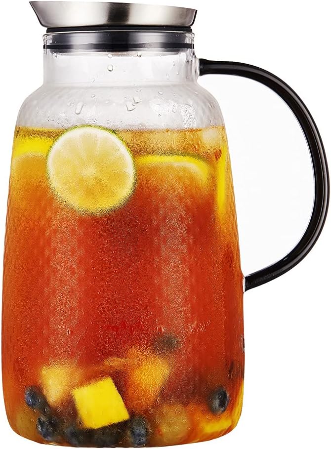 Purefold Pitcher with Lid, Glass Jug with Stainless Steel Lid for Hot and Cold Water, Fruit Tea, Coffee Maker, Ice Tea, Juice, Pineapple Series (Clear, 80 oz) - Image 1