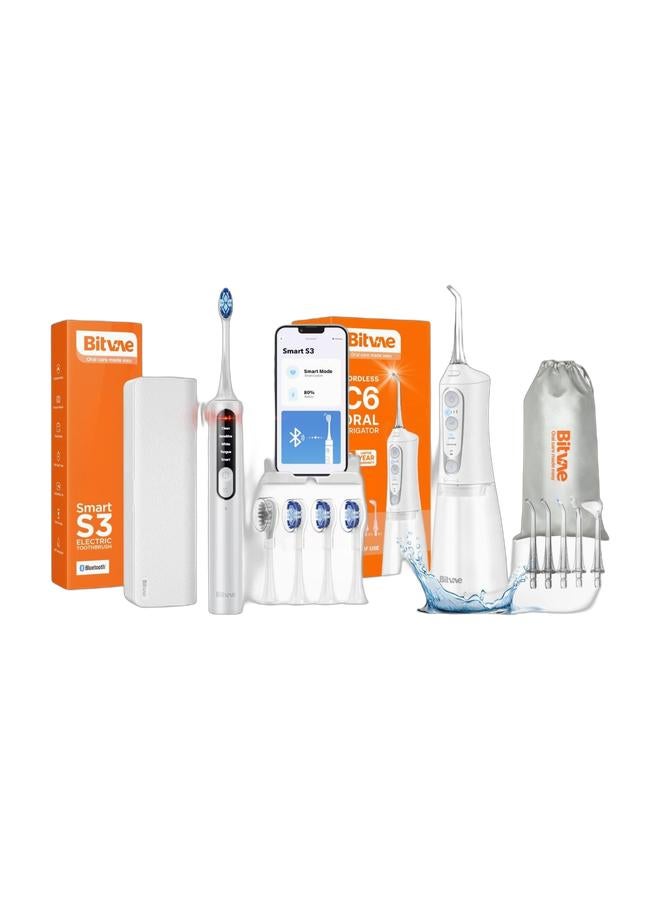 Bitvae BV S3 Electric Toothbrush for Adults, Sonic Power Toothbrush with Smart Pressure Sensor, 8 Brush Heads, Bluetooth Automatic Toothbrush With Premium Travel Case & Bitvae C6 Large Capacity Water Dental Flosser for Teeth, Rechargeable Cordless Oral Irrigator with 300ML Built in Tank, 3 Modes and 6 Jet Tips, IPX7 Waterproof for Home and Travel Bundle - Image 1