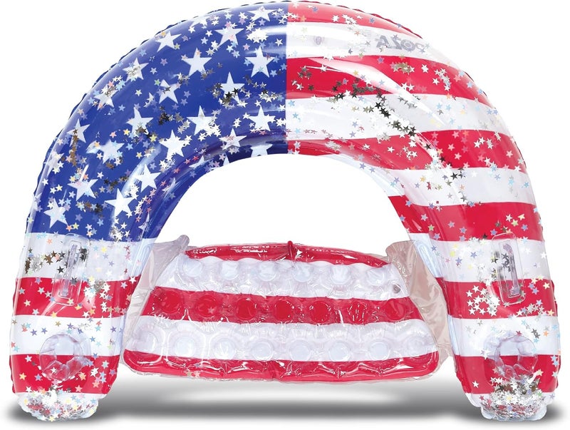 POZA Inflatable USA Pool Float - Luxurious Fun Lounger Filled with Sparkle Silver Stars Confetti, Cool USA Flag Design Water Swimming Pool Floaties for Beach, Lake & Pool - Image 1