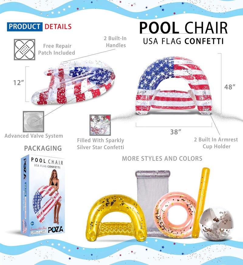 POZA Inflatable USA Pool Float - Luxurious Fun Lounger Filled with Sparkle Silver Stars Confetti, Cool USA Flag Design Water Swimming Pool Floaties for Beach, Lake & Pool - Image 2