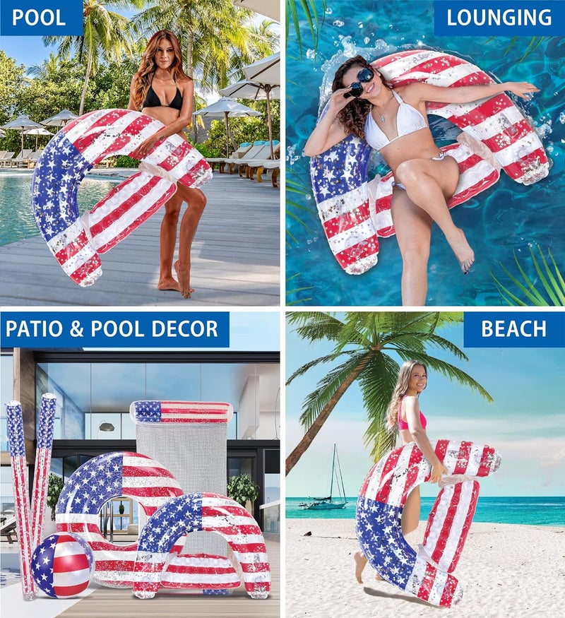 POZA Inflatable USA Pool Float - Luxurious Fun Lounger Filled with Sparkle Silver Stars Confetti, Cool USA Flag Design Water Swimming Pool Floaties for Beach, Lake & Pool - Image 3