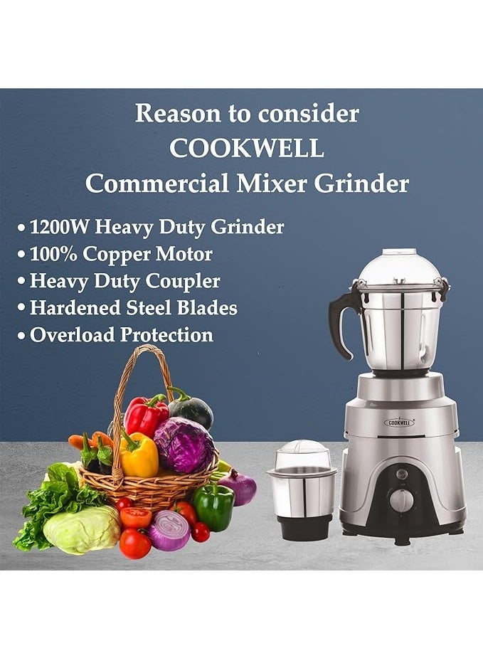 COOKWELL Acrylonitrile Butadiene Styrene Commercial Mixer Grinder 1200 W For Cafe, Restaurants, Hotels, Canteens (5 Jar), Silver - Image 1