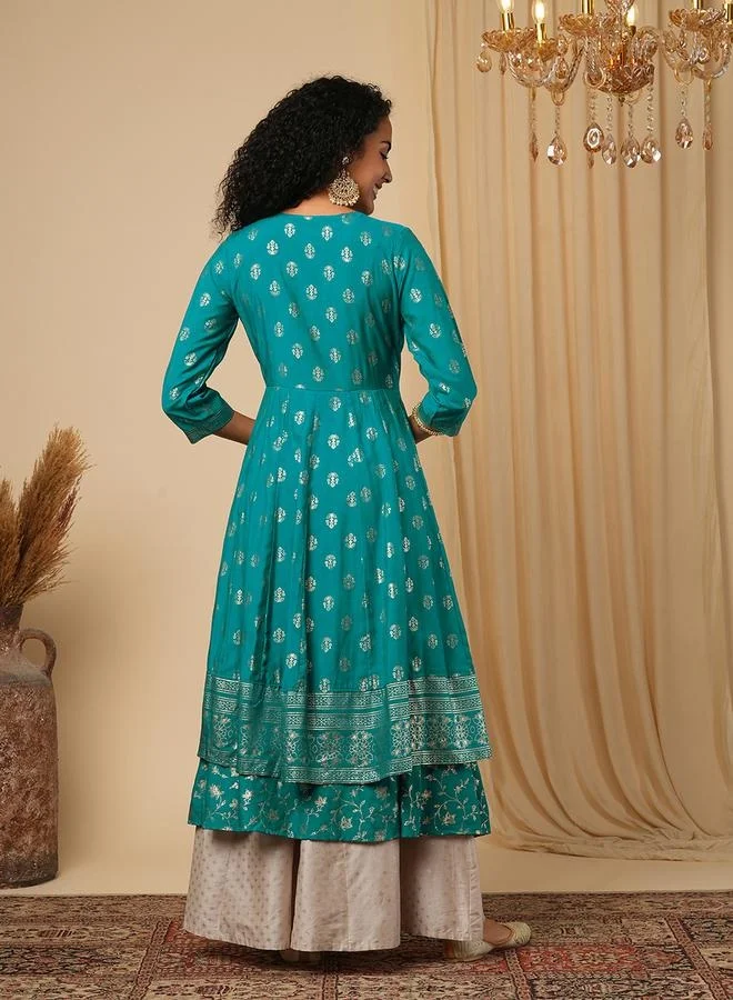 globus Globus Women Green Embroidered Yoke Gold Foil Jaal Print Front Slit Layered Border Detailing Festive Anarkali Kurta by Styli