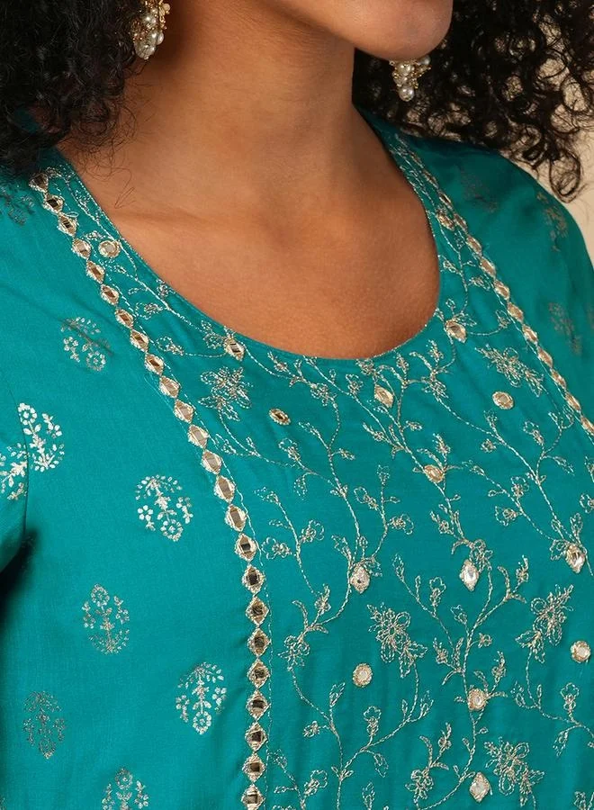 globus Globus Women Green Embroidered Yoke Gold Foil Jaal Print Front Slit Layered Border Detailing Festive Anarkali Kurta by Styli