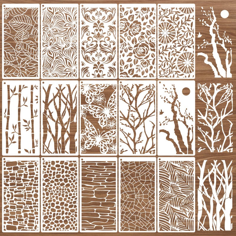 AFRITEE 15 Pack Border Stencil for Painting on Wood, 4x8 Inches Small Branch Floral Reusable Painting Templates for Wood Burning, Mandala Drawing Stencil Craft for Furniture Wall Interior Decoration - Image 1