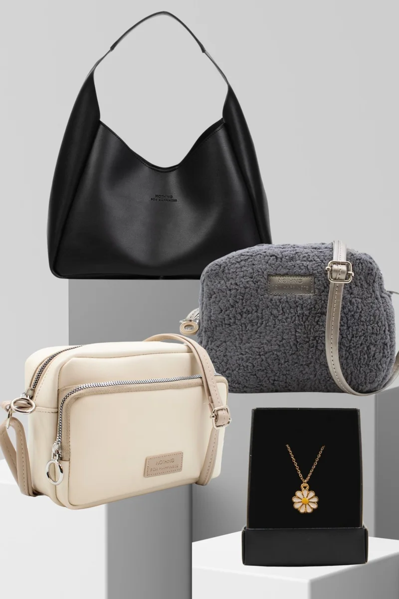 Nothing Women's 3-Piece Snap Bag Furry Plush Bag 2 Compartment Bag Set with Daisy Necklace Gift
