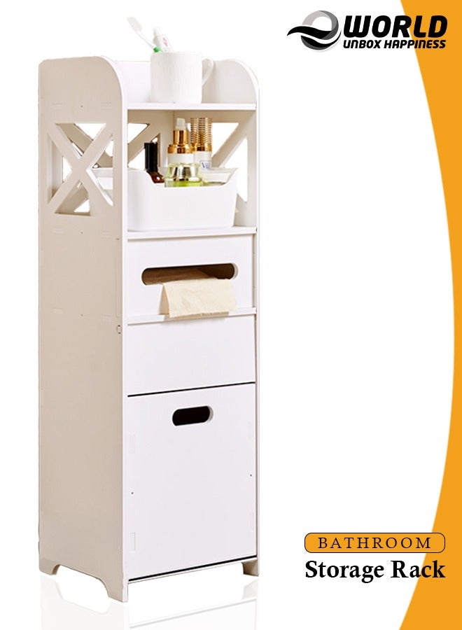 Eworld Waterproof White PVC Floor Cabinet Organizer, Stylish Storage Solution Featuring Shelves, Drawer, Tissue Holder, and Door for Bathroom, Kitchen, Living Room, or Bedroom Accessories - Image 1