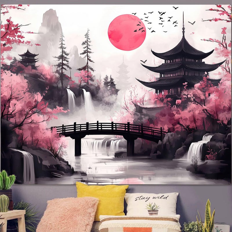 GOAOK Japanese Anime tapestry, Cool Japan Cherry Blossom Floral Mountain Waterfall Sun Asian Oriental Abstract Ink Art tapestry, Black Pink Nature Landscape Tapestries for Living Room College Dorm, 60X40IN - Image 3
