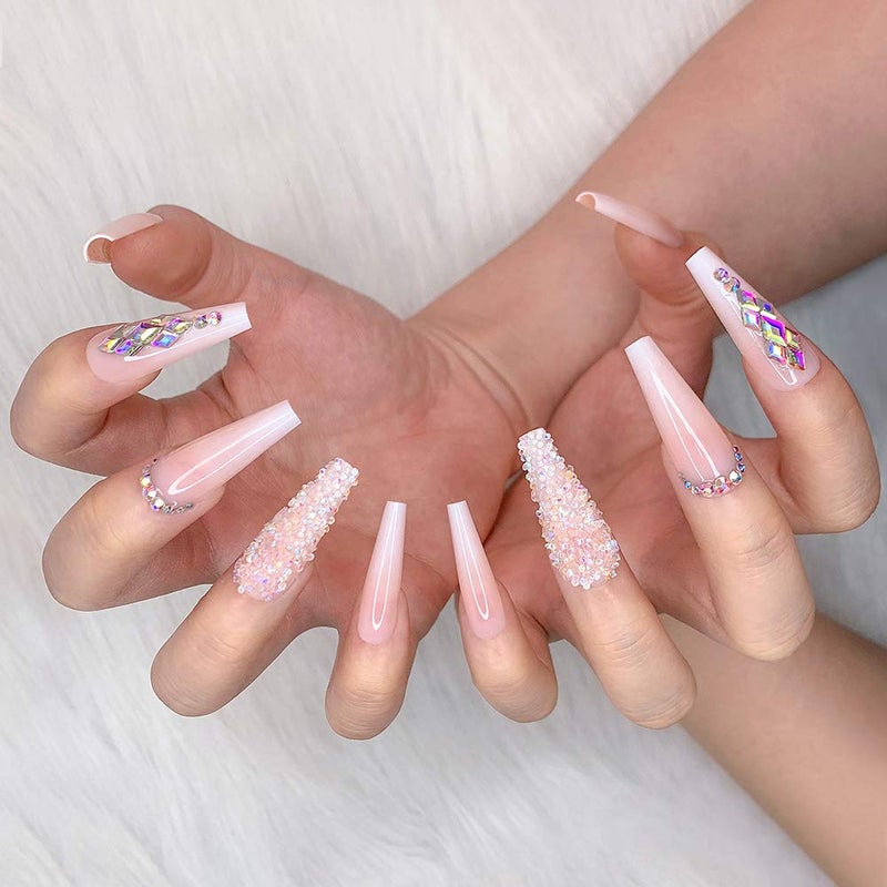 Artquee 24pcs French Nude White Ballerina Flash Diamond Crystal Long Glossy Coffin Flash Fake Nails Press on Nail False Tips Manicure for Women - Image 2