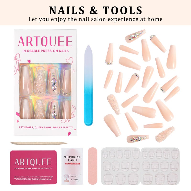 Artquee 24pcs French Nude White Ballerina Flash Diamond Crystal Long Glossy Coffin Flash Fake Nails Press on Nail False Tips Manicure for Women - Image 5