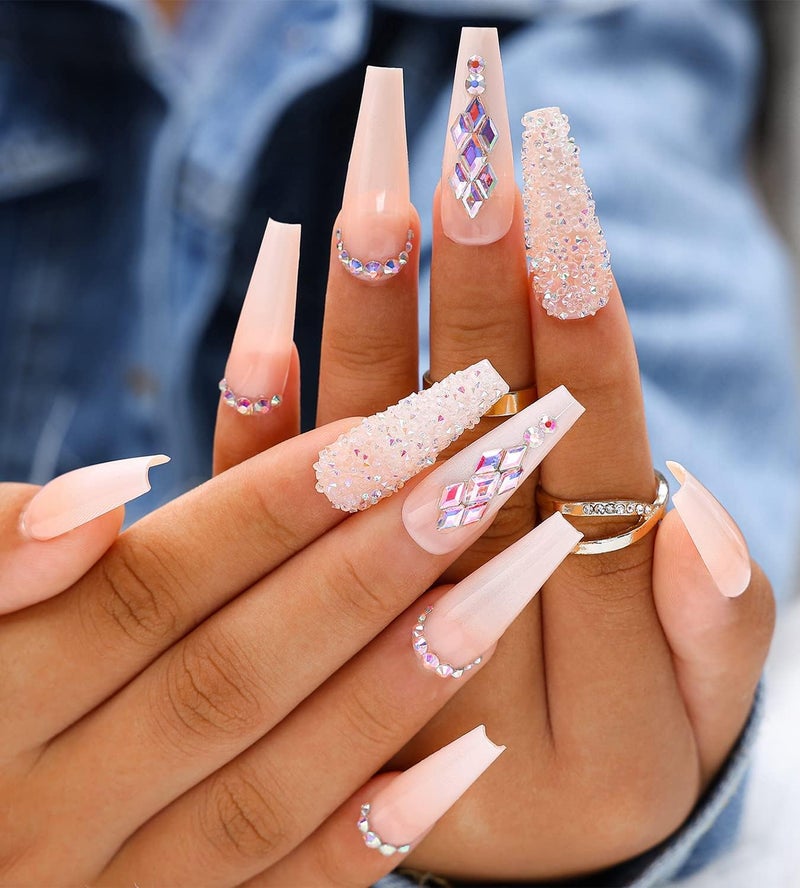 Artquee 24pcs French Nude White Ballerina Flash Diamond Crystal Long Glossy Coffin Flash Fake Nails Press on Nail False Tips Manicure for Women - Image 1