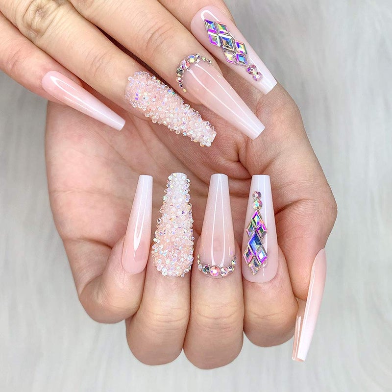 Artquee 24pcs French Nude White Ballerina Flash Diamond Crystal Long Glossy Coffin Flash Fake Nails Press on Nail False Tips Manicure for Women - Image 3