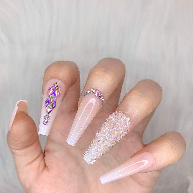 Artquee 24pcs French Nude White Ballerina Flash Diamond Crystal Long Glossy Coffin Flash Fake Nails Press on Nail False Tips Manicure for Women - Image 4