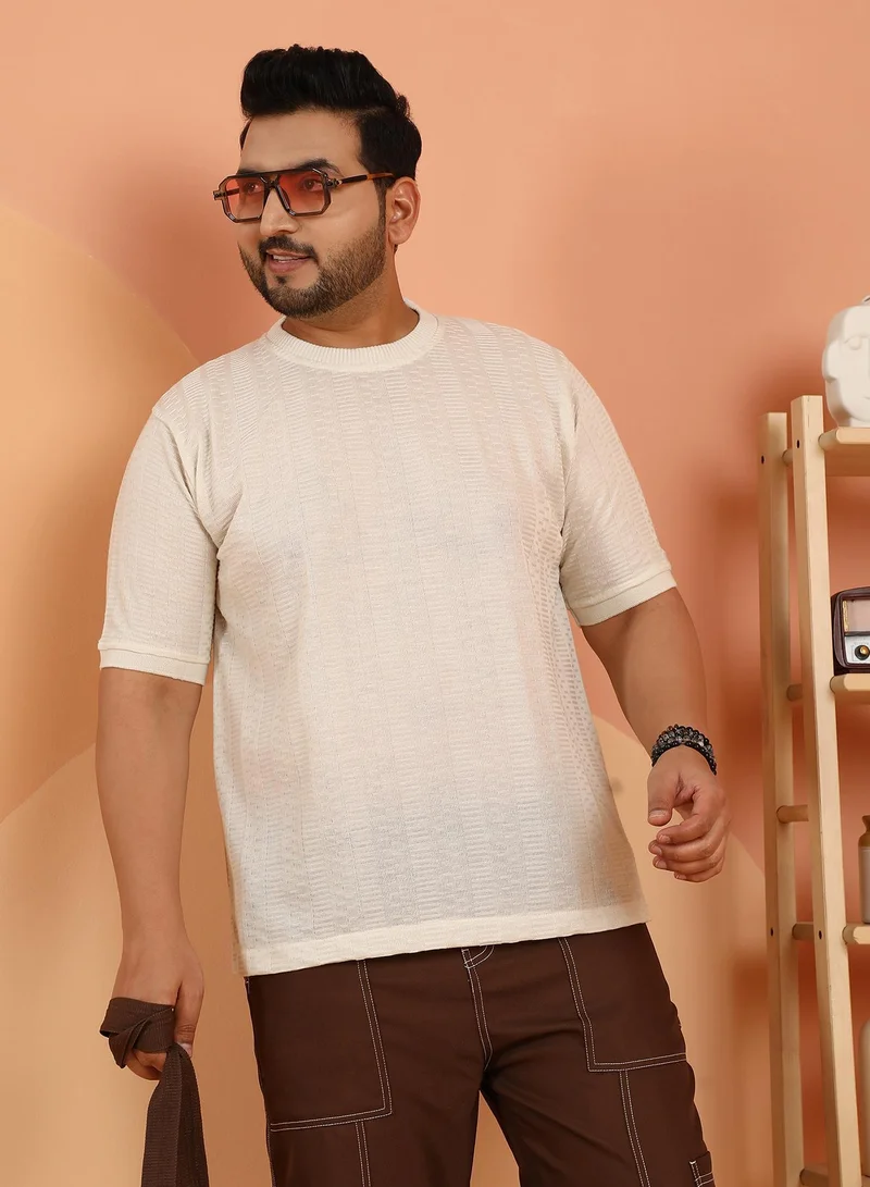 Instafab Plus Men's Off-White Dash-Ribbed Knit T-Shirt