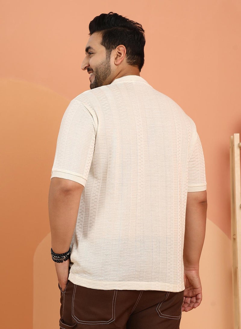 Instafab Plus Men's Off-White Dash-Ribbed Knit T-Shirt - Image 5