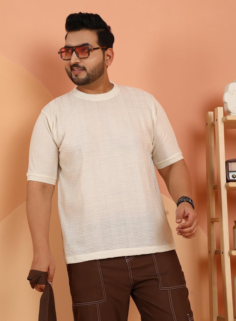 Instafab Plus Men's Off-White Dash-Ribbed Knit T-Shirt - Image 1
