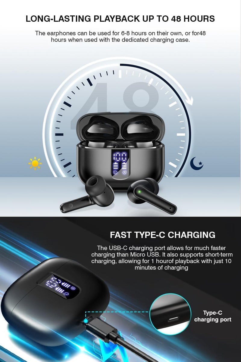 TAGRY Wireless Earbuds, Bluetooth 5.3 Headphones with HiFi Stereo Sound, 48H Playtime with LED Power Display Charging Case, IP6 Waterproof in Ear Earphone with Mic for Sport - Image 4