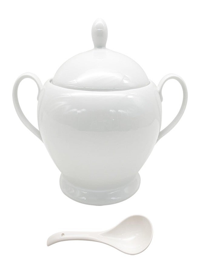 REANRO Porcelain Soup Tureen with Lid and Ladle Set, Double-Ear Covered Tureen Classic Serving Bowl for Soups, White - Image 1