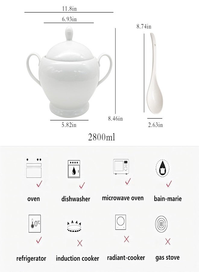 REANRO Porcelain Soup Tureen with Lid and Ladle Set, Double-Ear Covered Tureen Classic Serving Bowl for Soups, White - Image 2