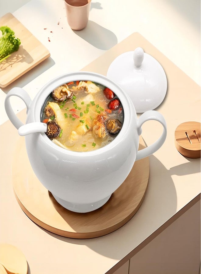REANRO Porcelain Soup Tureen with Lid and Ladle Set, Double-Ear Covered Tureen Classic Serving Bowl for Soups, White - Image 4