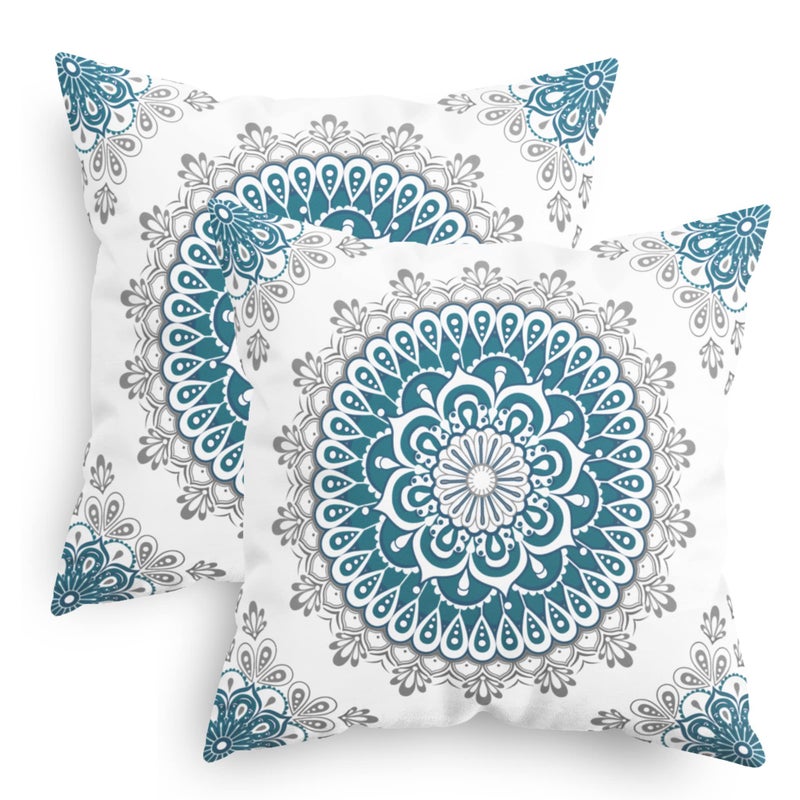 CaliTime Throw Pillow Covers Pack of 2 Cozy Fleece Mandala Dahlia Floral Medallion Compass Style Cushion Cases for Couch Bed Sofa Farmhouse Decoration 18 X 18 Inches Teal Grey