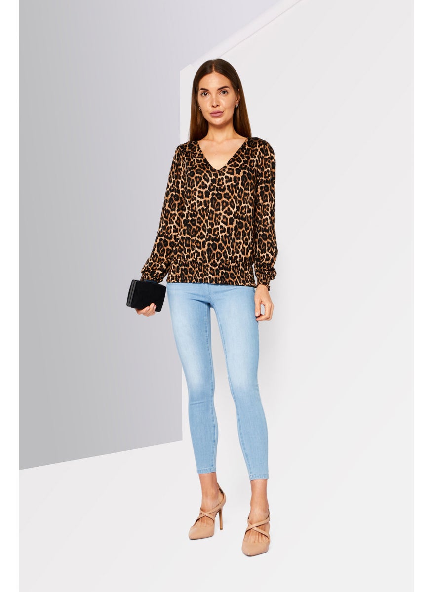 Michael Kors - Women Petite V Neck Long Sleeve Animal Print Blouse, Brown - Image 1