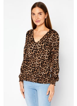 Women Petite V Neck Long Sleeve Animal Print Blouse, Brown