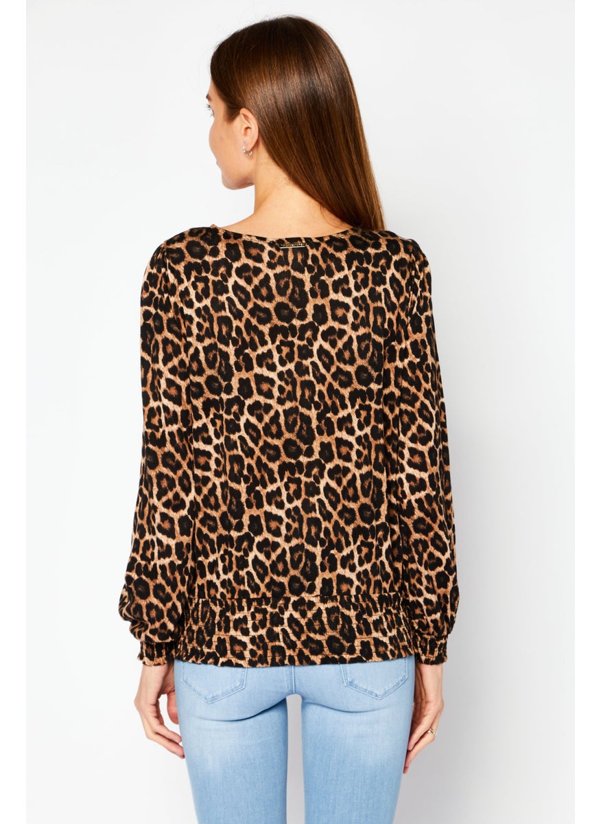 Michael Kors - Women Petite V Neck Long Sleeve Animal Print Blouse, Brown - Image 1