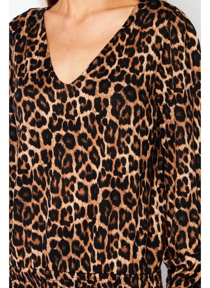 Michael Kors - Women Petite V Neck Long Sleeve Animal Print Blouse, Brown - Image 1