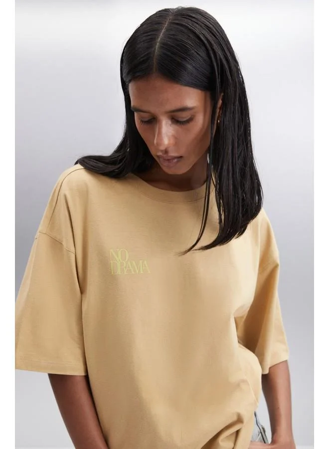 GRIMELANGE Grimelange Souling Women's Cotton Beige T-Shirt