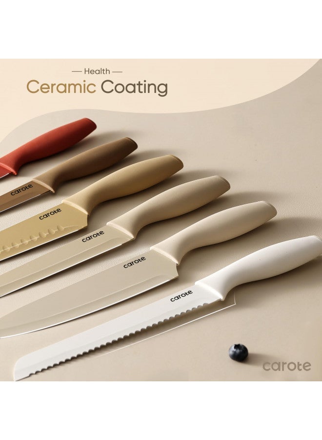 CAROTE 12 Pieces Kitchen Knife Set, Stainless Steel Knife Set With Nonstick Ceramic Coating, Dishwasher Safe with 6 Blade Guards, Rustproof, Brown - Image 2