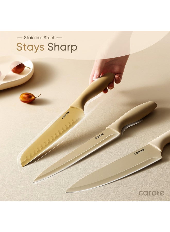 CAROTE 12 Pieces Kitchen Knife Set, Stainless Steel Knife Set With Nonstick Ceramic Coating, Dishwasher Safe with 6 Blade Guards, Rustproof, Brown - Image 3