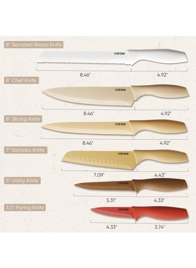 CAROTE 12 Pieces Kitchen Knife Set, Stainless Steel Knife Set With Nonstick Ceramic Coating, Dishwasher Safe with 6 Blade Guards, Rustproof, Brown - Image 1