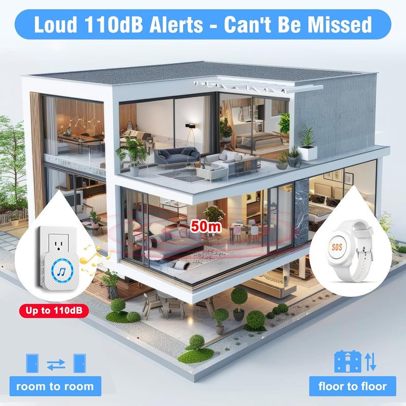 ChunHee Wireless Personal Alarm for Elderly- Caregiver Pager Emergency Call Bell Button Alarm System 150ft/45m with 1 Night Light Receiver & 1 Wrist Button - Image 5