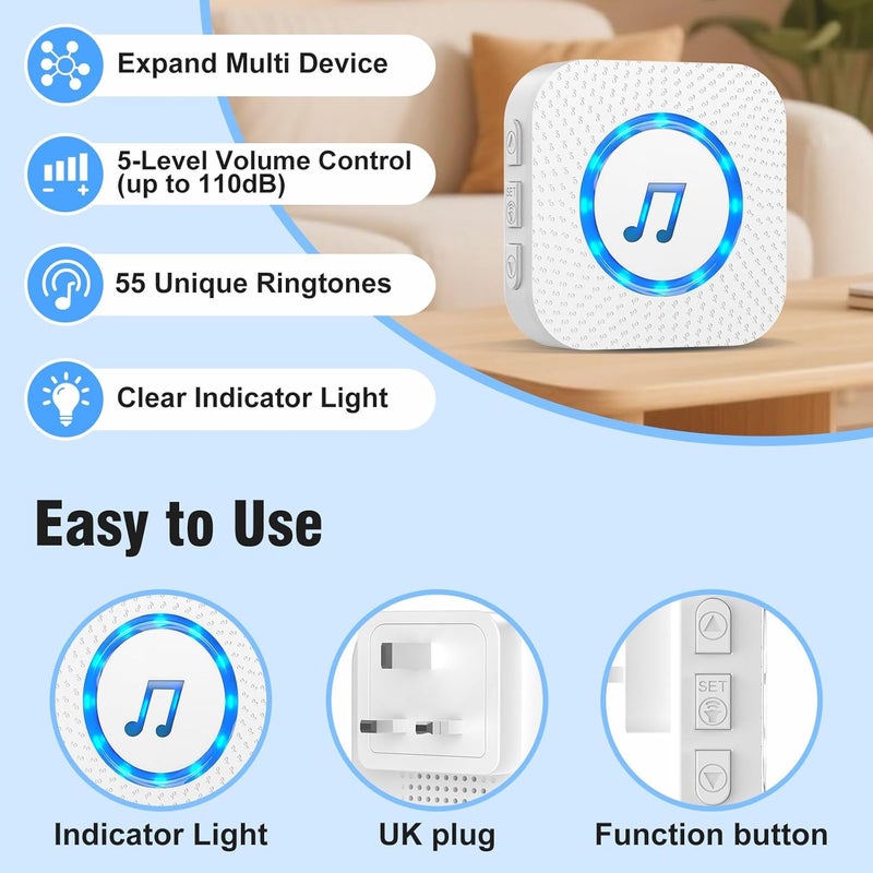 ChunHee Wireless Personal Alarm for Elderly- Caregiver Pager Emergency Call Bell Button Alarm System 150ft/45m with 1 Night Light Receiver & 1 Wrist Button - Image 2