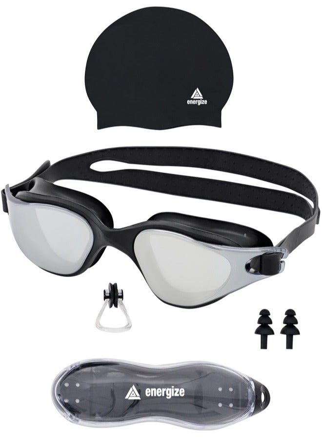 Premium Swimming Goggles with Silicone Cap, Nose Plugs & Ear Plugs for Men, Women & Teenagers, - Clear Vision, 180° Panoramic View, Polarized, Anti-Fog, UV Protection, Leak-Proof Eyewear