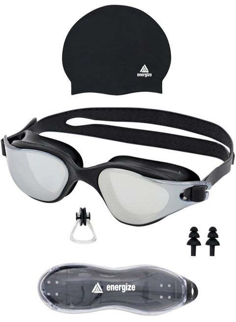 Premium Swimming Goggles with Silicone Cap, Nose Plugs & Ear Plugs for Men, Women & Teenagers, - Clear Vision, 180° Panoramic View, Polarized, Anti-Fog, UV Protection, Leak-Proof Eyewear