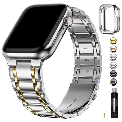 Fullmosa Bands Compatible with Apple Watch Band 45mm 44mm 42mm, Stainless Steel iWatch Band with Case for Apple Watch Series 9 8 7 6 5 4 3 2 1 SE3/2/1, Silver and Gold - Image 1